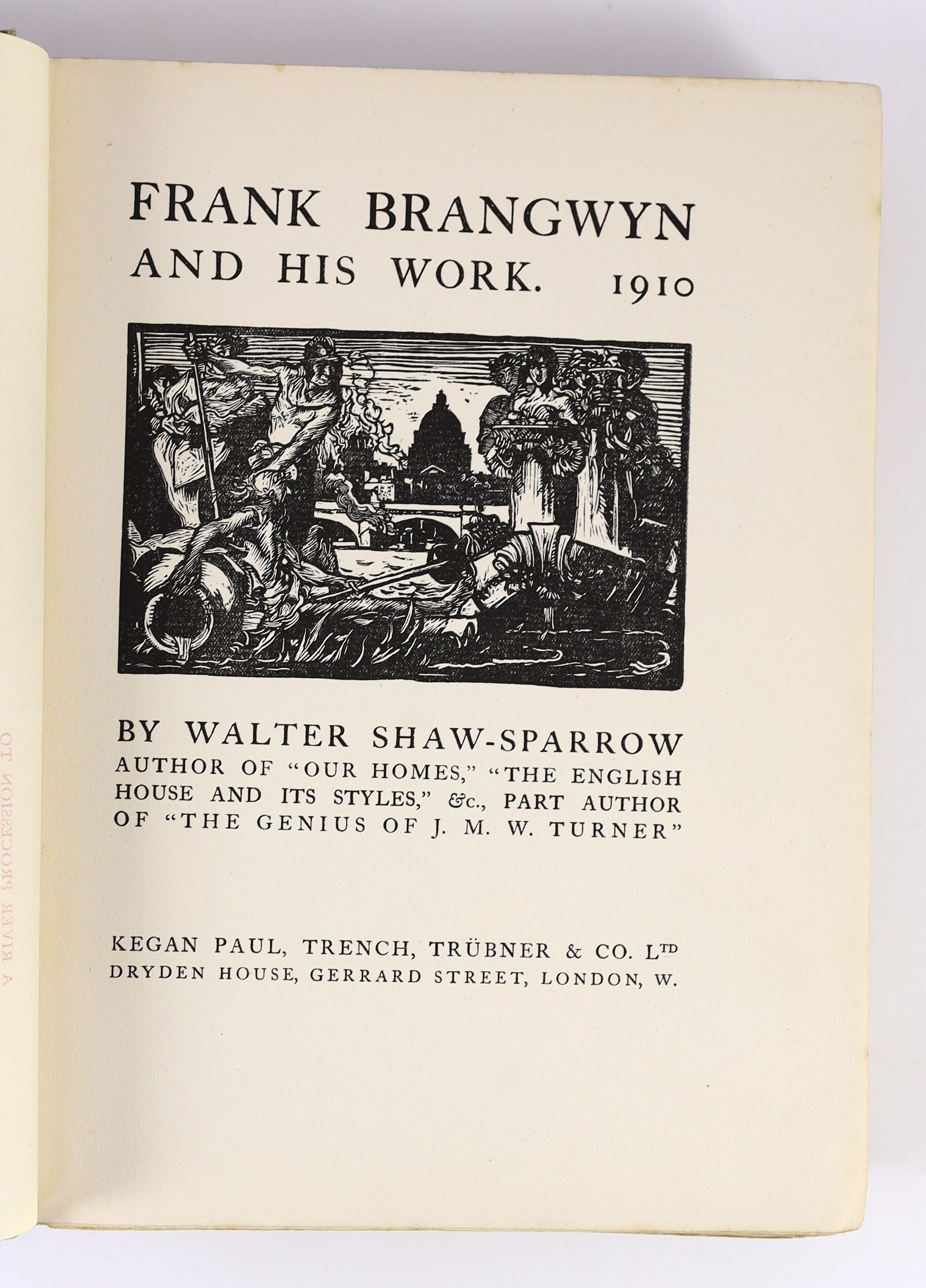 Shaw-Sparrow, Walter - Frank Brangwyn and His Work, with artist presentation inscription to front fly leaf, 4to, cloth with pictorial cover and 19 colour plates, London, 1910